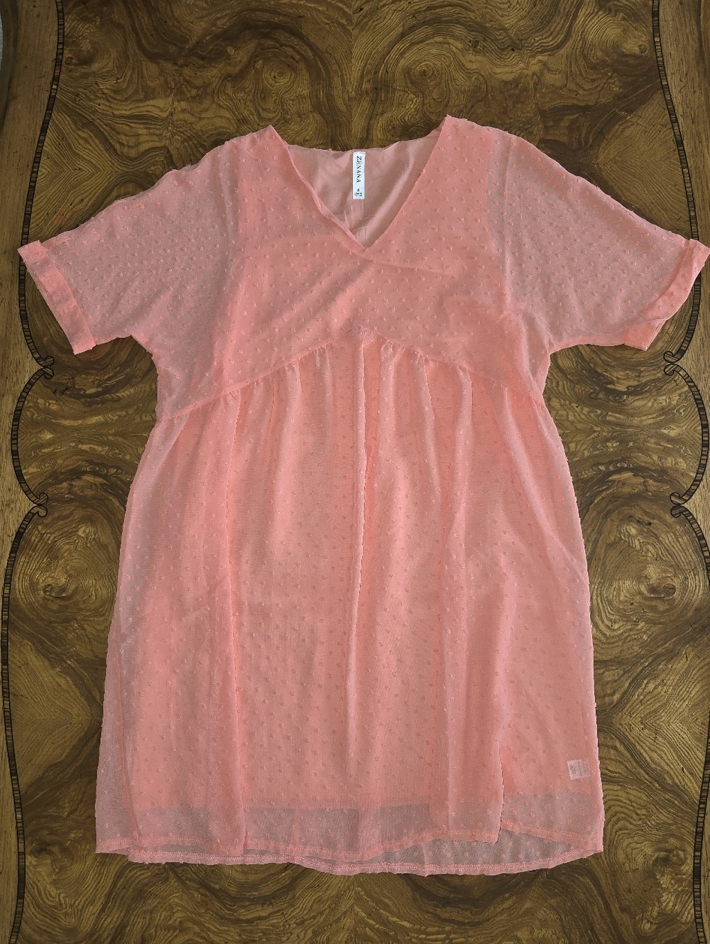 Zenana Swiss Dot Babydoll V-Neck Dress Coral Pink Womens Size S